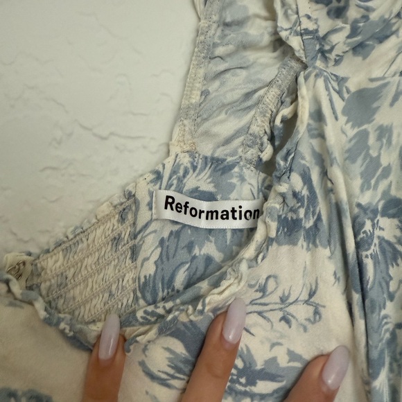 Reformation Blue and White Off-Shoulder Sundress with Slit - Picture 4 of 7